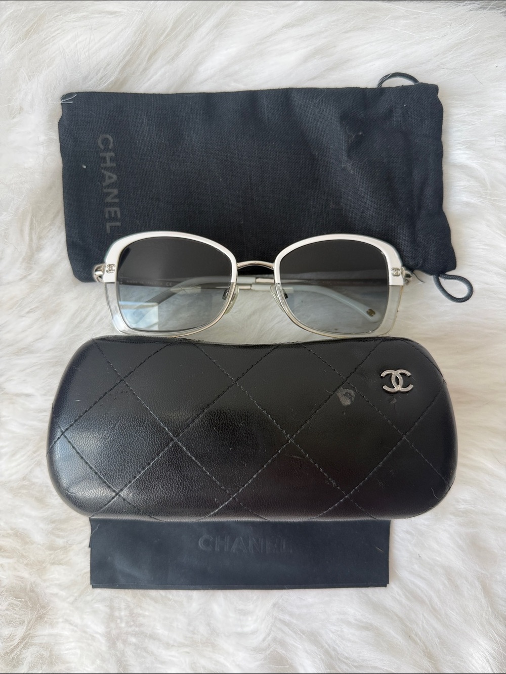 CHANEL White Frame Black Gradient Square Sunglasses with Quilted Case